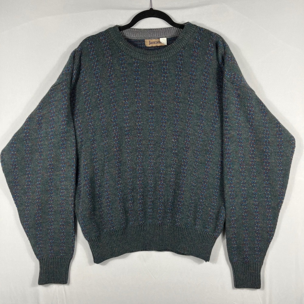 Vtg 90s Y2K Jantzen Knit Sweater Men's L Green Maroon Striped Fisherman‎ Grandpa